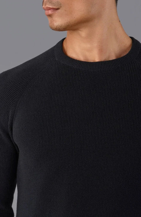 Mens Lightweight Cotton Fisherman Rib Jumper Black