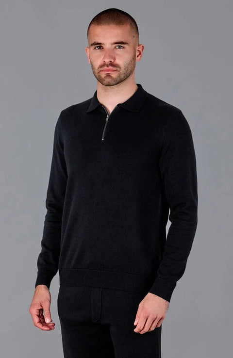 Mens Lightweight Cotton Zip Neck Polo Shirt Black