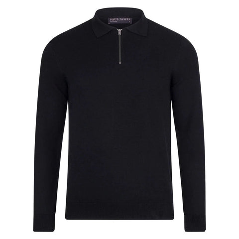 Mens Lightweight Cotton Zip Neck Polo Shirt Black
