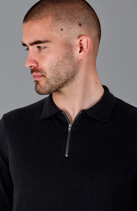 Mens Lightweight Cotton Zip Neck Polo Shirt Black