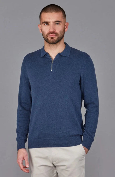 Mens Lightweight Cotton Zip Neck Polo Shirt Blue Melange