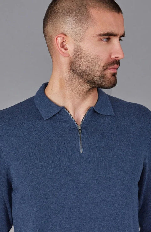 Mens Lightweight Cotton Zip Neck Polo Shirt Blue Melange