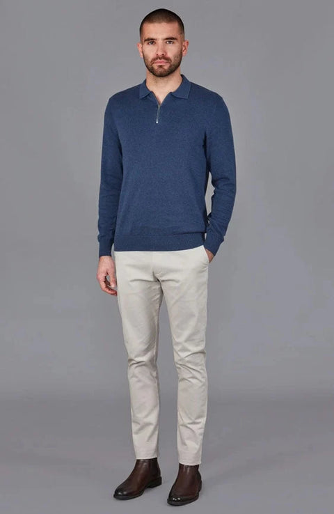 Mens Lightweight Cotton Zip Neck Polo Shirt Blue Melange