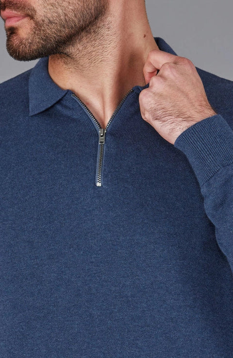 Mens Lightweight Cotton Zip Neck Polo Shirt Blue Melange