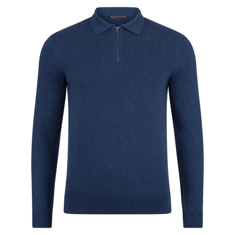 Mens Lightweight Cotton Zip Neck Polo Shirt Blue Melange