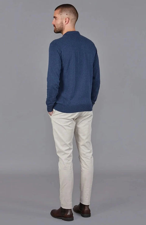 Mens Lightweight Cotton Zip Neck Polo Shirt Blue Melange