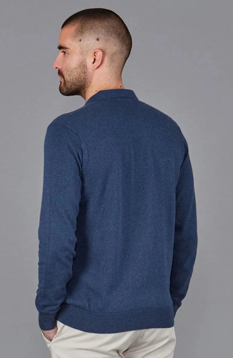 Mens Lightweight Cotton Zip Neck Polo Shirt Blue Melange