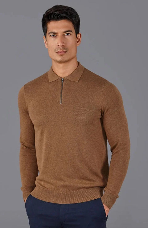 Mens Lightweight Cotton Zip Neck Polo Shirt Camel