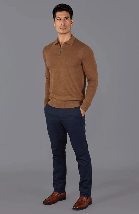 Mens Lightweight Cotton Zip Neck Polo Shirt Camel