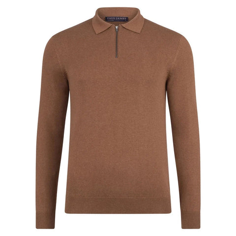 Mens Lightweight Cotton Zip Neck Polo Shirt Camel