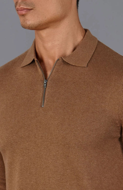 Mens Lightweight Cotton Zip Neck Polo Shirt Camel