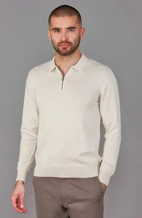 Mens Lightweight Cotton Zip Neck Polo Shirt Ecru