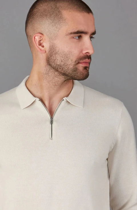 Mens Lightweight Cotton Zip Neck Polo Shirt Ecru