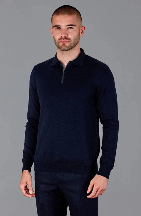 Mens Lightweight Cotton Zip Neck Polo Shirt Navy