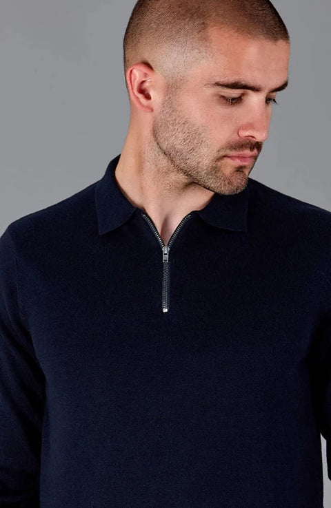 Mens Lightweight Cotton Zip Neck Polo Shirt Navy