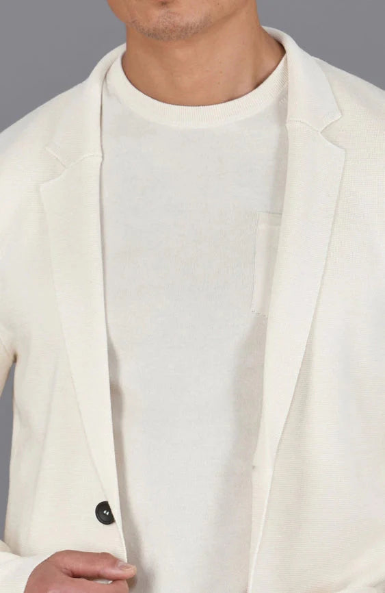 Mens Lightweight Mercerised Cotton Knitted Blazer Ecru