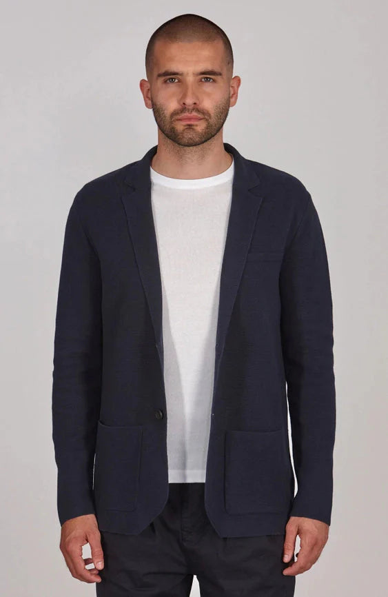 Mens Lightweight Organic Cotton Linen Knitted Blazer Navy and Black