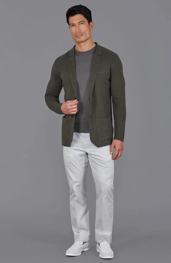 Mens Lightweight Organic Cotton Linen Knitted Blazer Olive