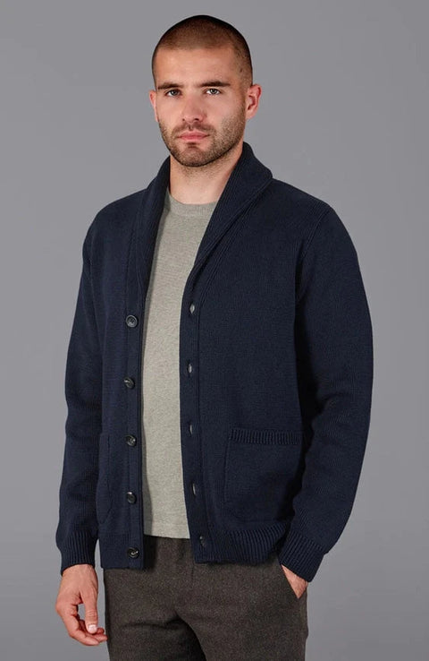 Mens Midweight 100% Cotton Shawl Collar Cardigan Navy