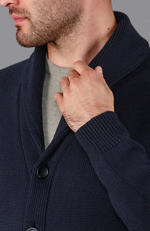 Mens Midweight 100% Cotton Shawl Collar Cardigan Navy