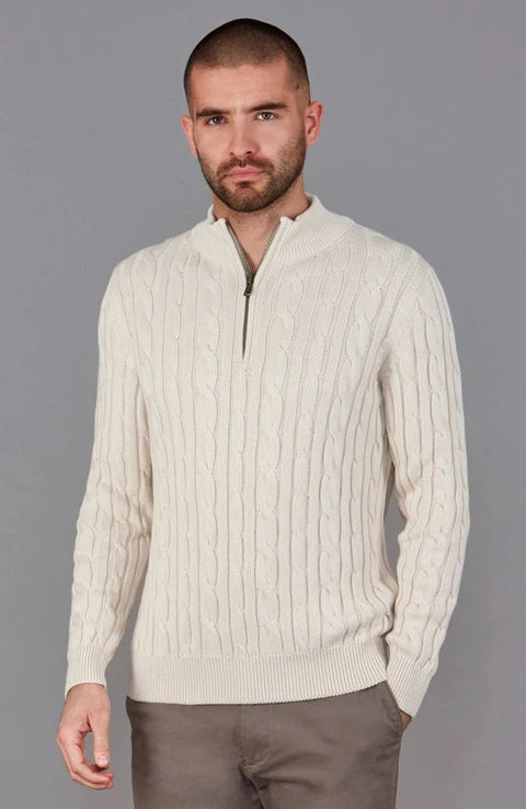 Mens Midweight Cotton Cable Zip Neck Jumper Ecru