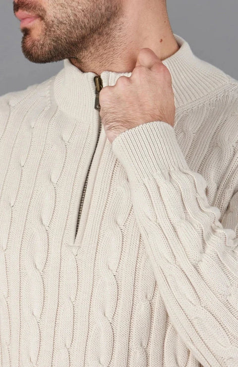 Mens Midweight Cotton Cable Zip Neck Jumper Ecru