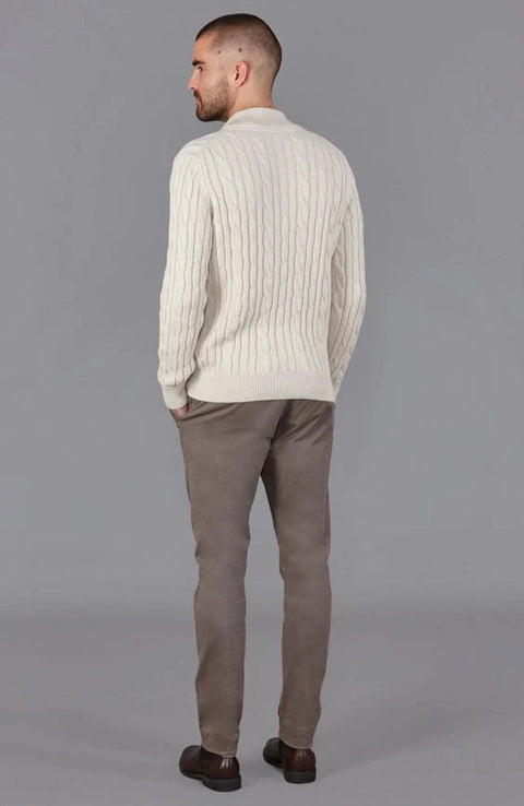 Mens Midweight Cotton Cable Zip Neck Jumper Ecru