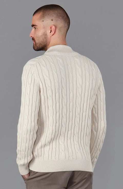 Mens Midweight Cotton Cable Zip Neck Jumper Ecru
