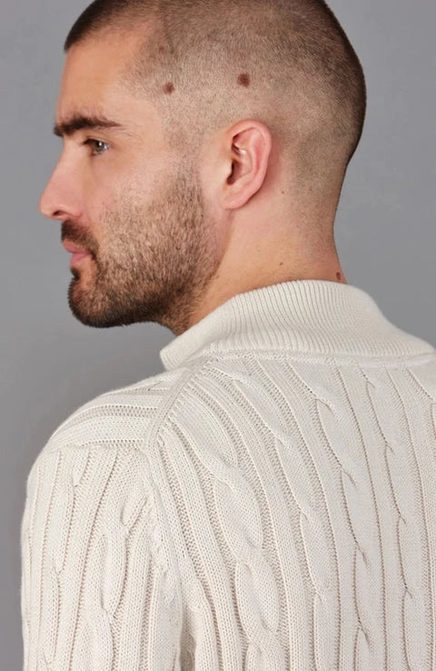 Mens Midweight Cotton Cable Zip Neck Jumper Ecru