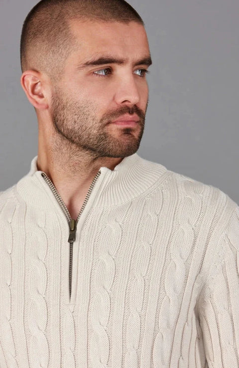 Mens Midweight Cotton Cable Zip Neck Jumper Ecru