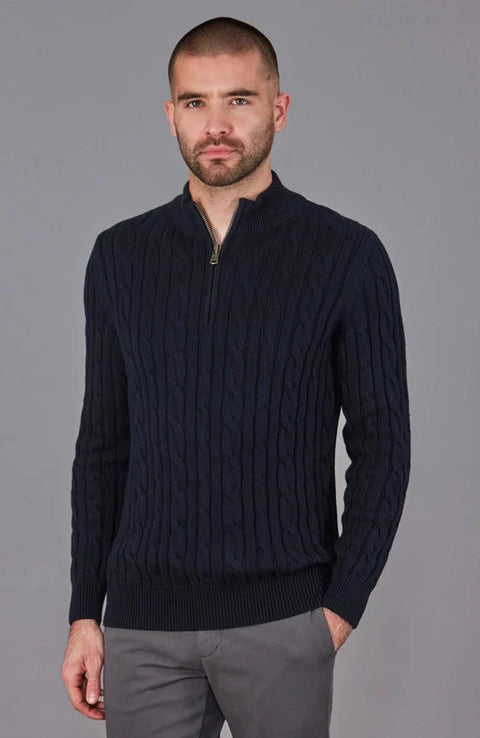 Mens Midweight Cotton Cable Zip Neck Jumper Navy