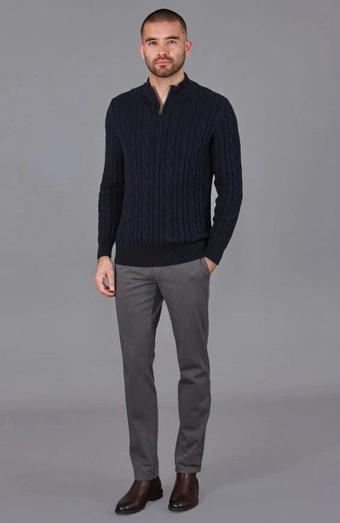 Mens Midweight Cotton Cable Zip Neck Jumper Navy