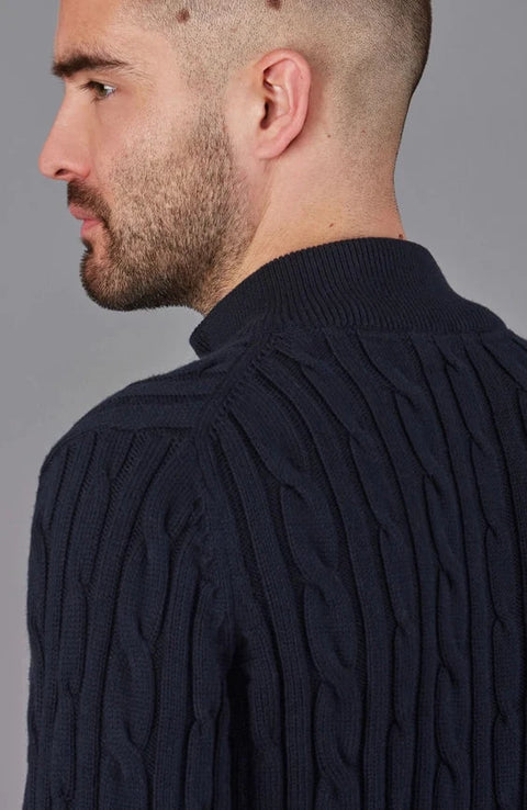 Mens Midweight Cotton Cable Zip Neck Jumper Navy