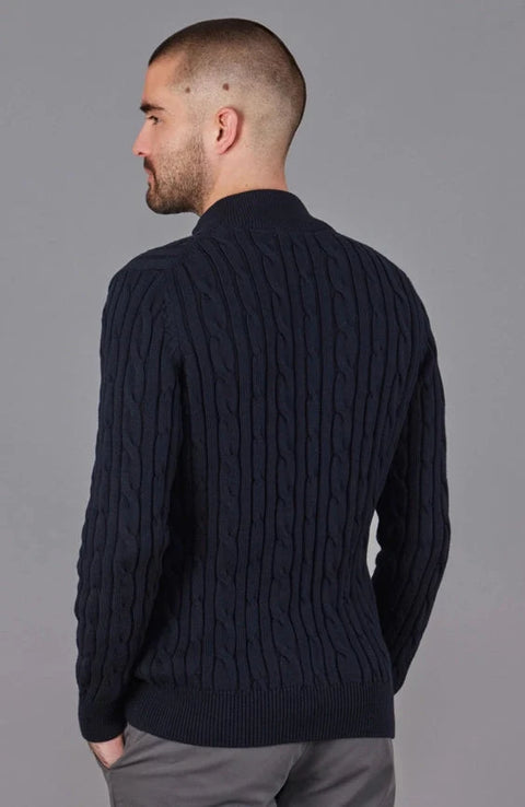 Mens Midweight Cotton Cable Zip Neck Jumper Navy