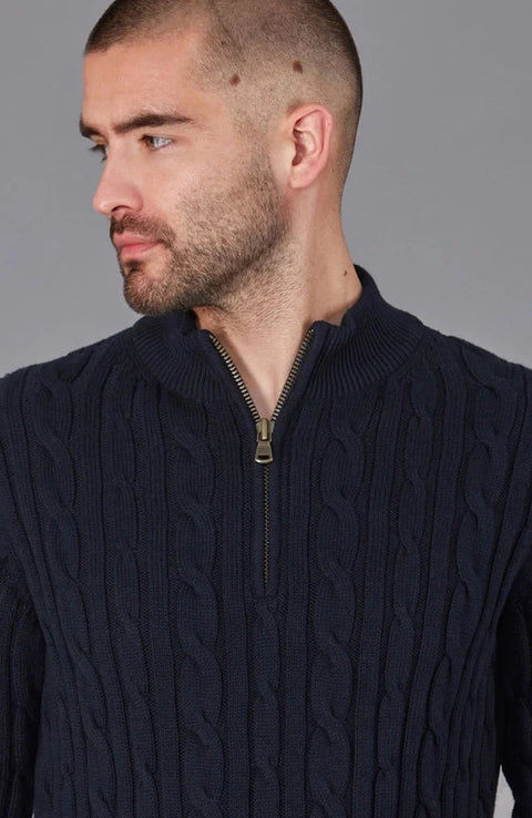 Mens Midweight Cotton Cable Zip Neck Jumper Navy