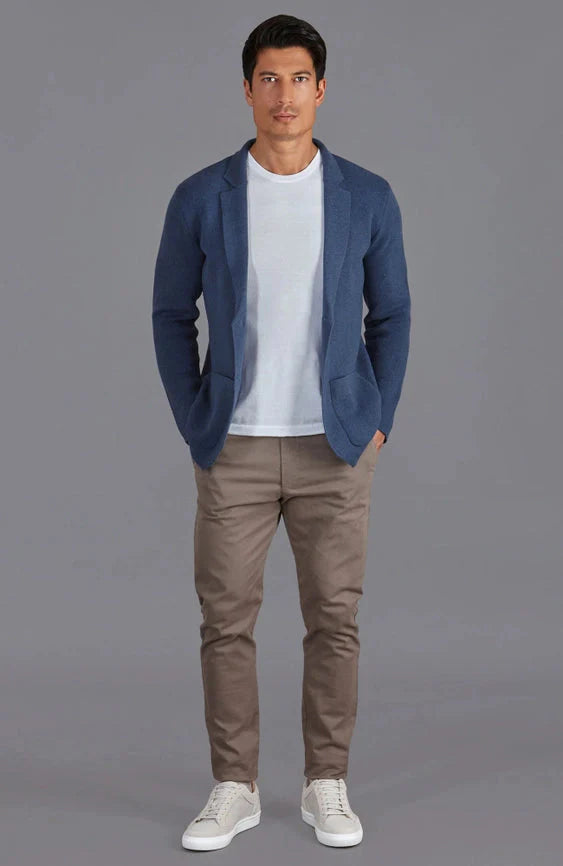Mens Midweight Cotton Deconstructed Knitted Blazer  Blue Melange