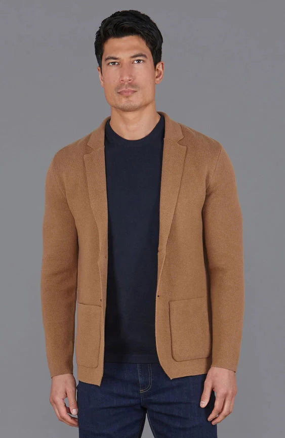 Mens Midweight Cotton Deconstructed Knitted Blazer Camel