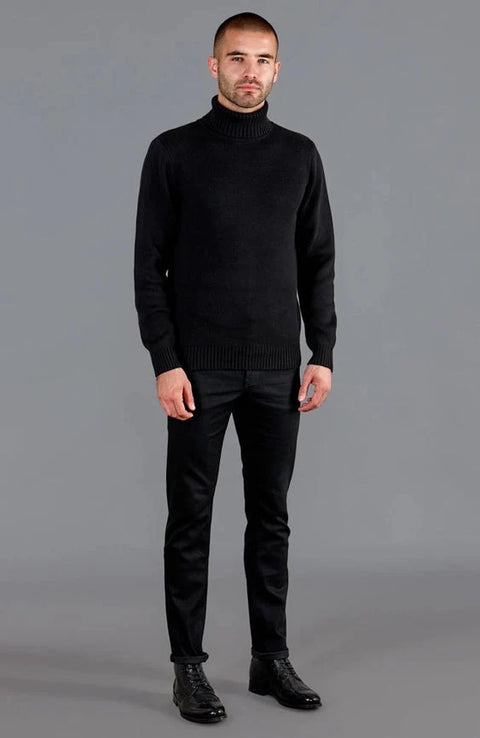Mens Midweight Cotton Fitted Submariner Roll Neck Jumper Black