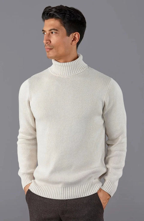 Mens Midweight Cotton Fitted Submariner Roll Neck Jumper Ecru