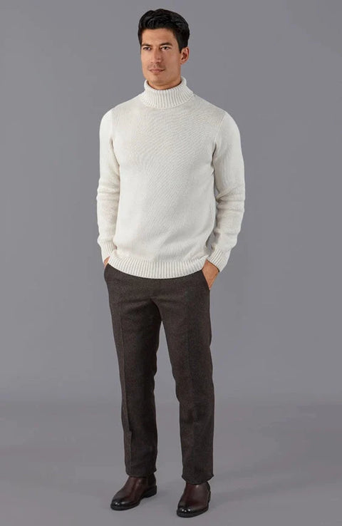 Mens Midweight Cotton Fitted Submariner Roll Neck Jumper Ecru