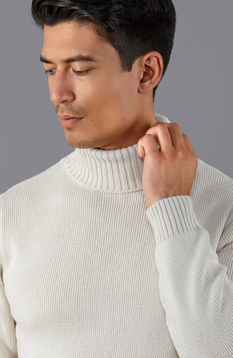 Mens Midweight Cotton Fitted Submariner Roll Neck Jumper Ecru