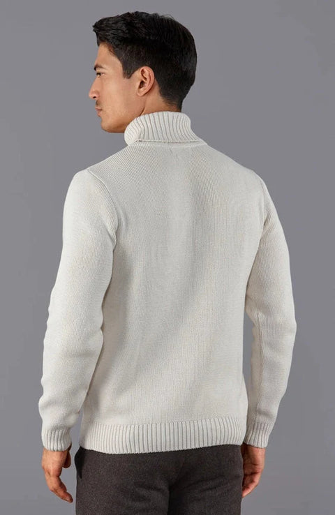 Mens Midweight Cotton Fitted Submariner Roll Neck Jumper Ecru