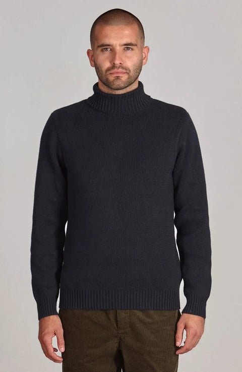 Mens Midweight Cotton Fitted Submariner Roll Neck Jumper Navy
