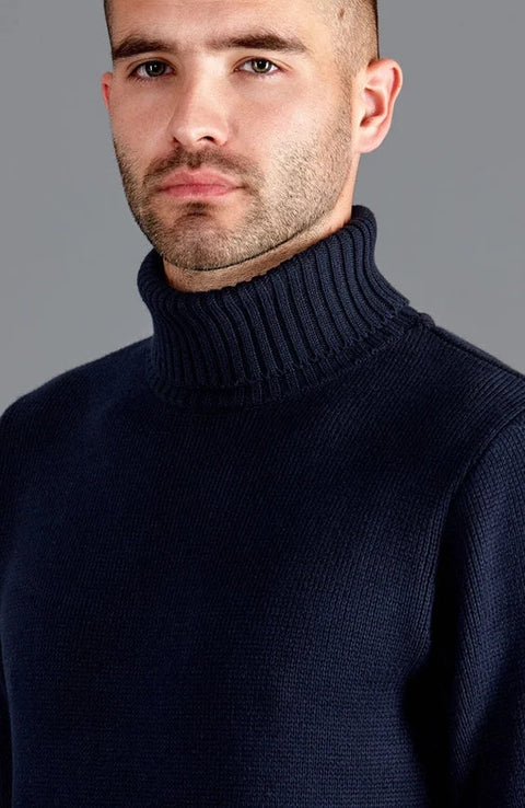 Mens Midweight Cotton Fitted Submariner Roll Neck Jumper Navy