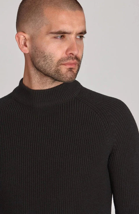 Mens Midweight Cotton Ribbed Mock Turtle Neck Jumper Black