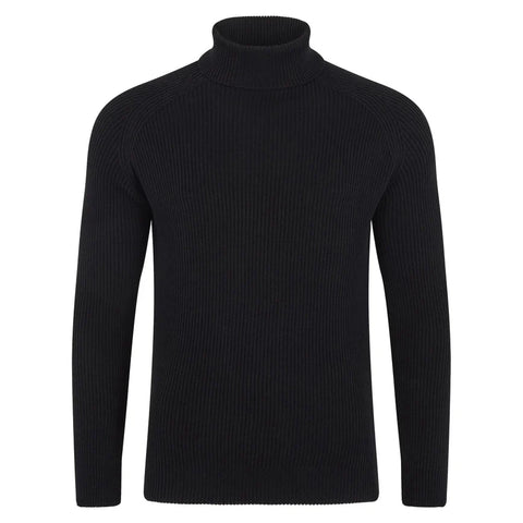 Mens Midweight Cotton Ribbed Roll Neck Jumper Black