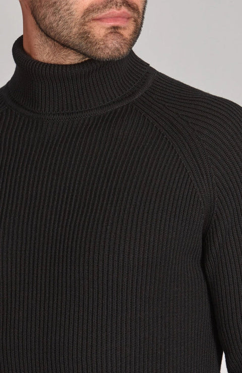 Mens Midweight Cotton Ribbed Roll Neck Jumper Black