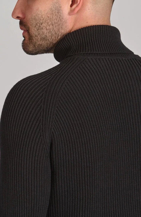 Mens Midweight Cotton Ribbed Roll Neck Jumper Black