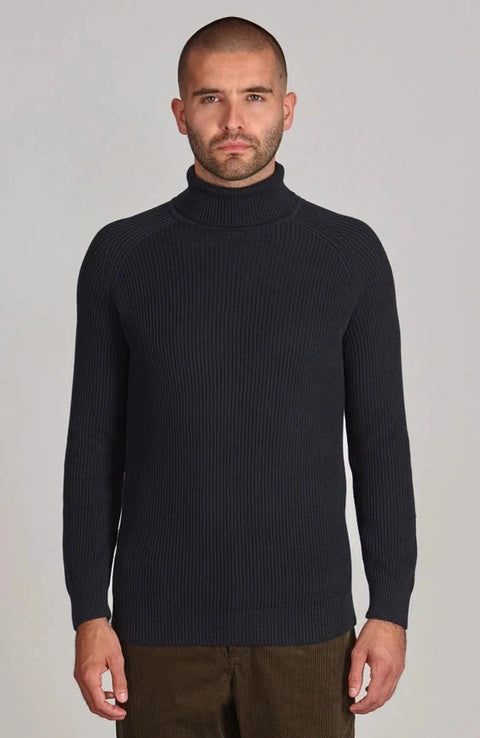 Mens Midweight Cotton Ribbed Roll Neck Jumper Navy