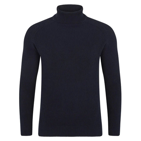 Mens Midweight Cotton Ribbed Roll Neck Jumper Navy